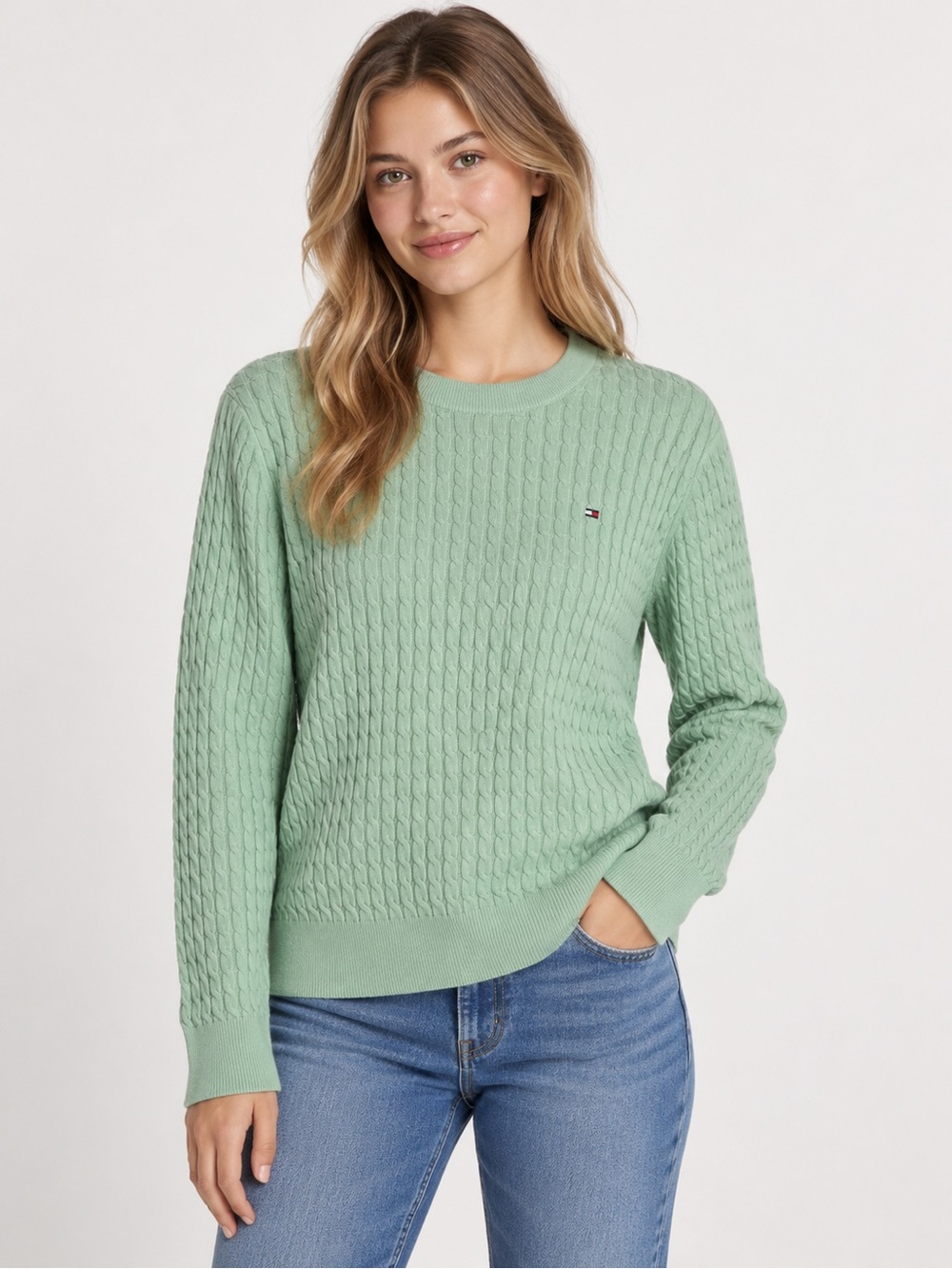 Tommy Hilfiger Pastel Green Cable Knit Cotton Sweater Size Large